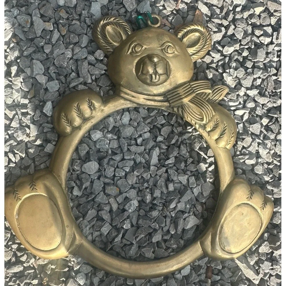 Vintage Heavy Brass Teddy Bear Wall Mirror Round 13.5